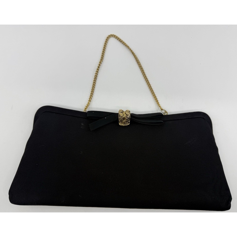 Vintage Black Satin Evening Clutch Gold‎ Chain Strap Ornate Clasp Formal Handbag